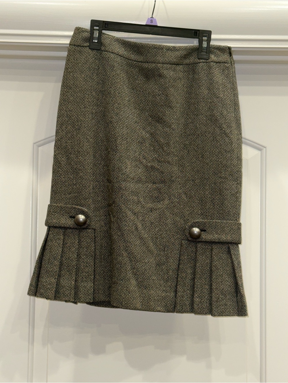 Banana Republic Olive Green Tweed Midi Skirt with Pleated Hem